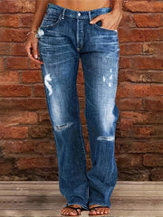 Women's Light Blue Distressed Straight Jeans High Stretch Casual