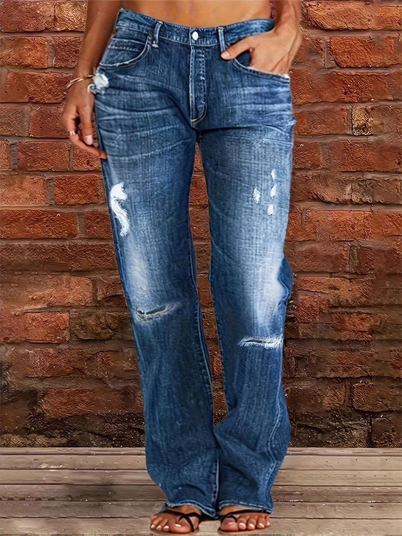Women's Light Blue Distressed Straight Jeans High Stretch Casual
