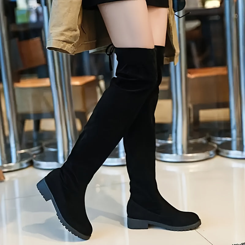 Ladies' Knee High Boots Leather Low Block Heel Round Toe Casual Daily