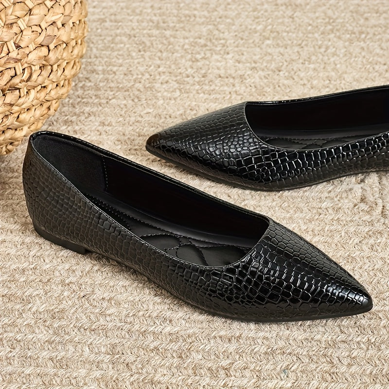 Women's Pointed Toe Flats Black Textured Slip-On Shoes Comfortable Casual Dressy