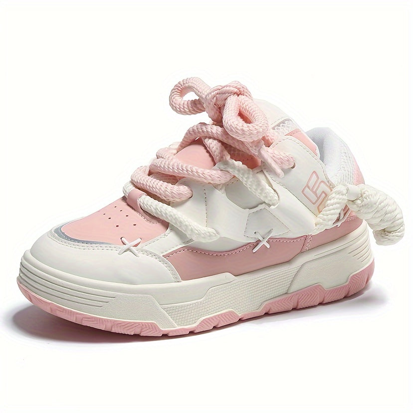Pink Women's Chunky Lace-Up Sneakers Low Top All-Season Fabric Rubber Sole