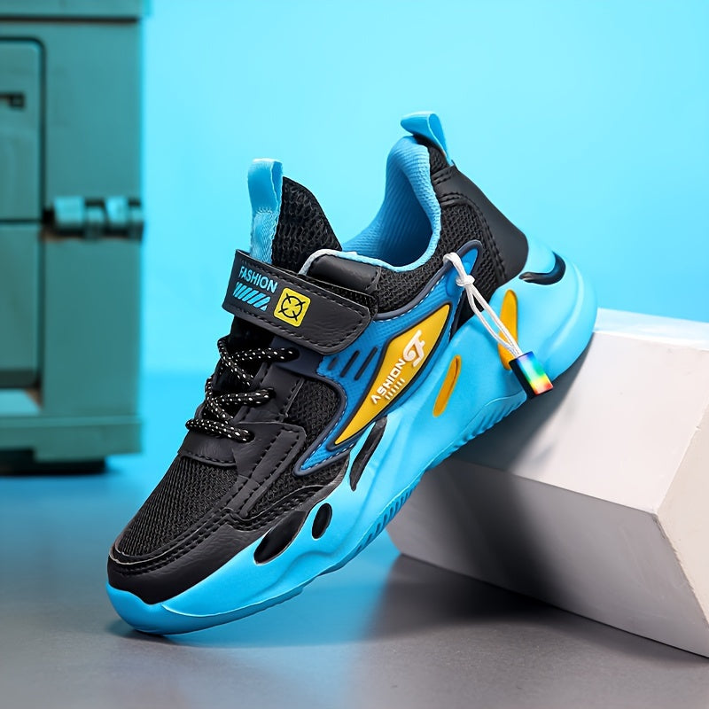Boys' Breathable Running Sneakers with Geometric Pattern, Soft EVA Sole, Hook-and-Loop Closure