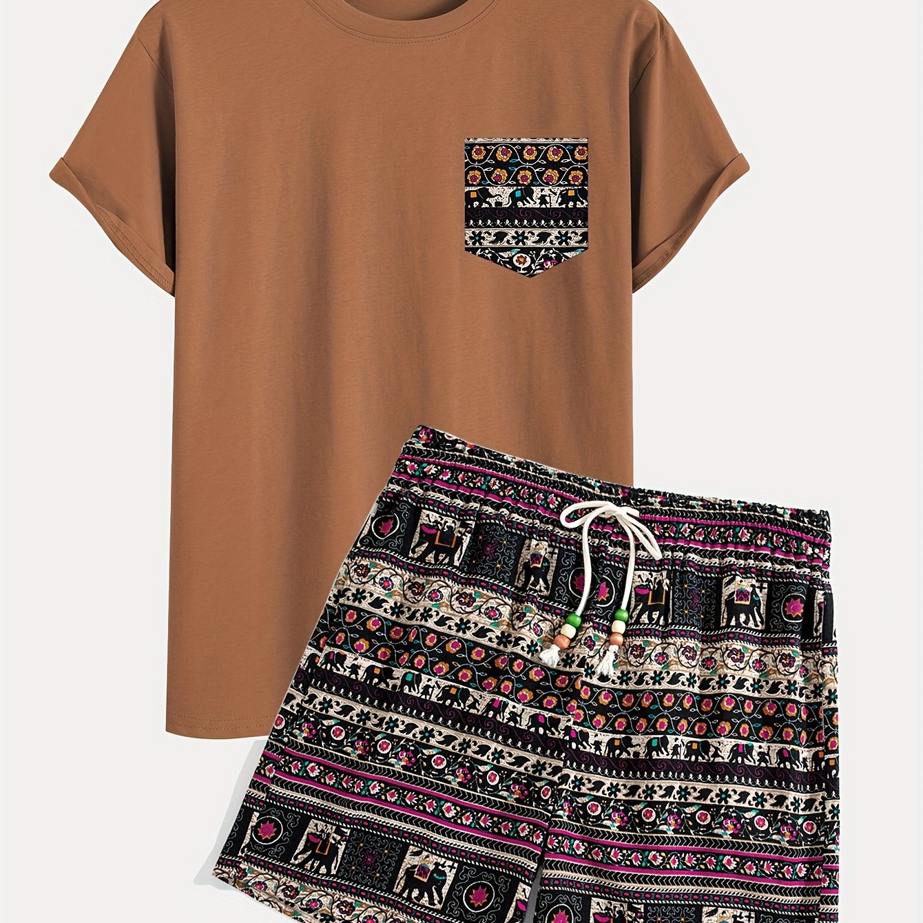 Boho Tribal Print Cotton T-Shirt and Shorts Set Loose Fit Spring Outfit