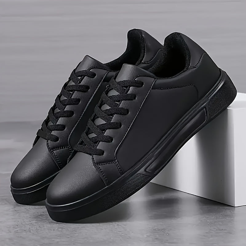 Men's Black Faux Leather Low-Top Sneakers Casual Sports Breathable EVA Sole