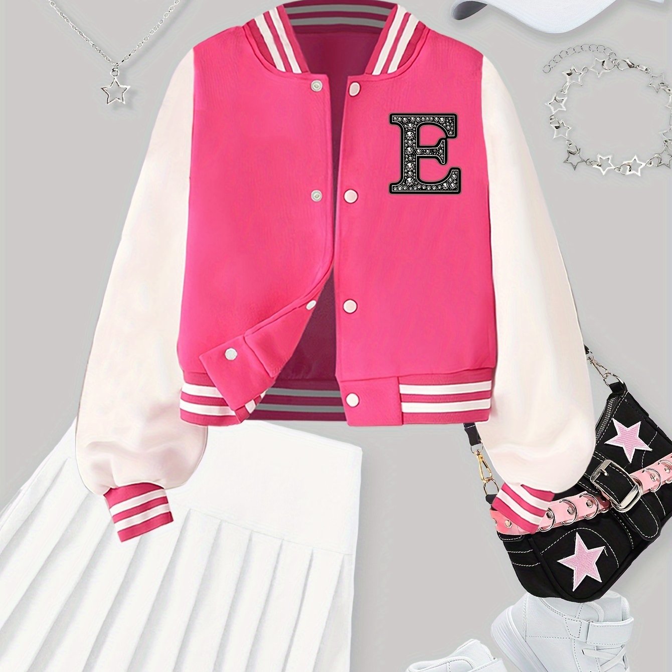 Qizlar uchun moda, qisqa yengli, harf E bosma, tasodifiy jilet, geometrik naqsh, beysbol yelkalari va tikuvli tafsilotlar bilan