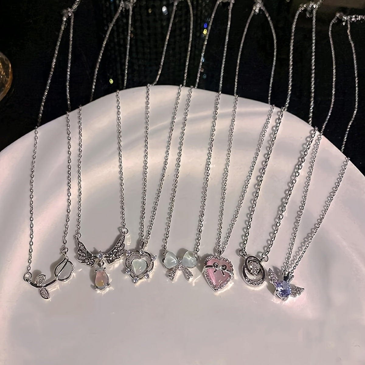 Set de collar de lazo de amor con pedrería colorida Y2K de 7 piezas en acero titanio para compromiso y regalo de boda