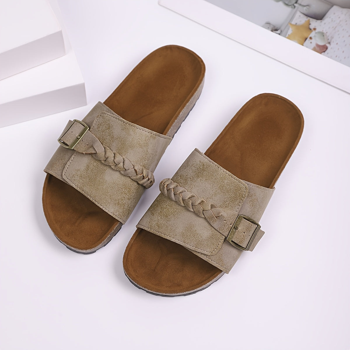 Women's Summer Casual Sandals Open-Toe Braided Straps Beige Brown