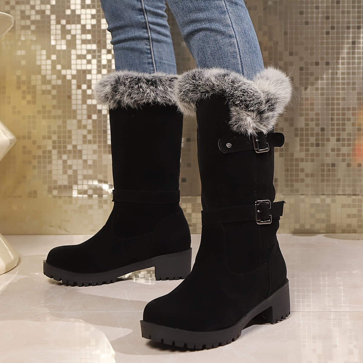 Women's Winter Snow Boots Mid-Calf Faux Fur Black Non-Slip Warm