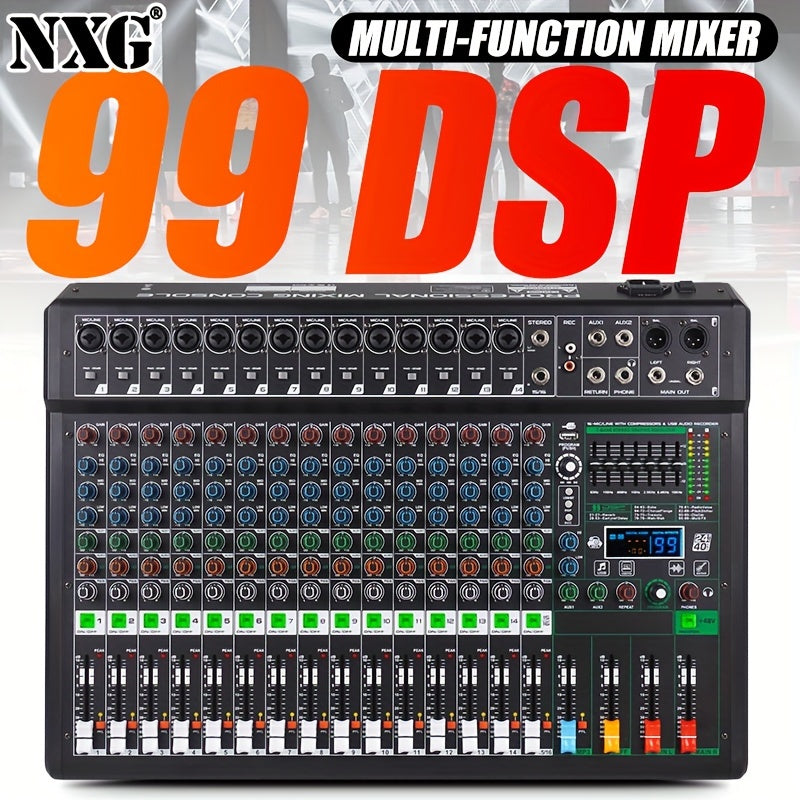 'NXG XF8/12/16 Professional Mixer Soundboard 8/12/16 kanalli, USB MP3 kompyuter kirishi, 48V fantom quvvati, 99 ta reverb effektlari va yozish funksiyasi bilan.'