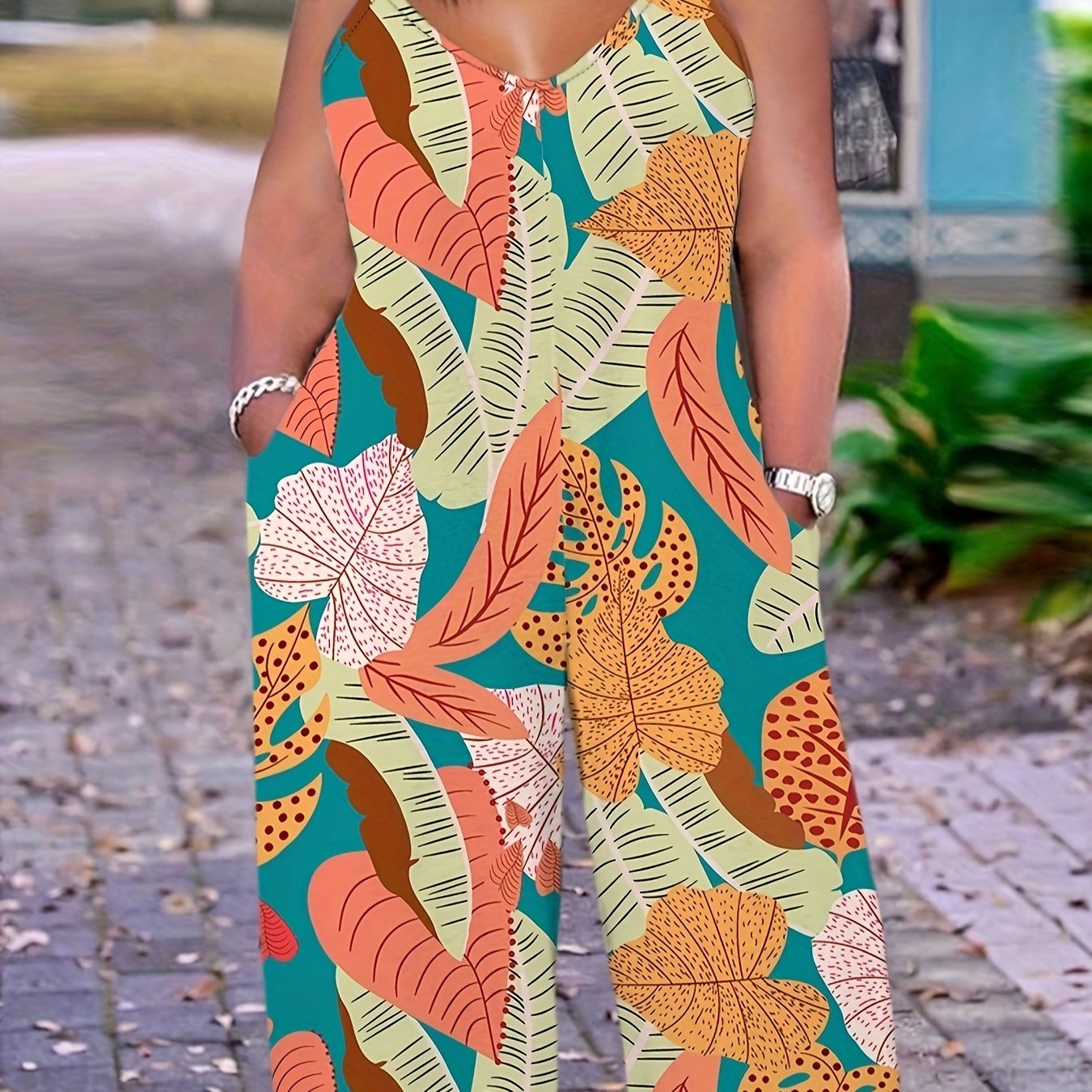 Plus Size Geometric Print Slip Jumpsuit Casual V Neck Sleeveless Pockets
