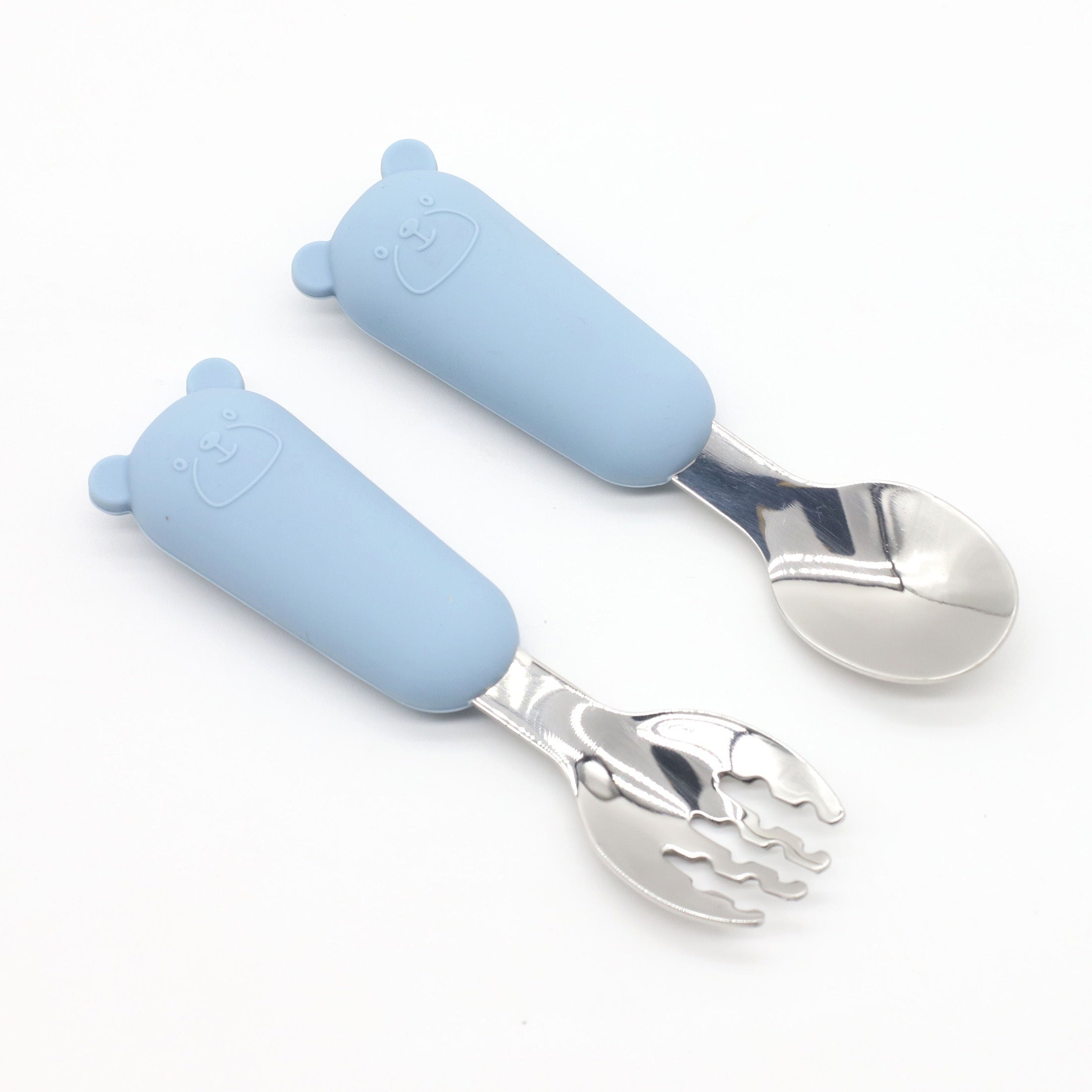 Baby Feeding Utensils Set Silicone and Stainless Steel Bear Shape for Babies Red Blue