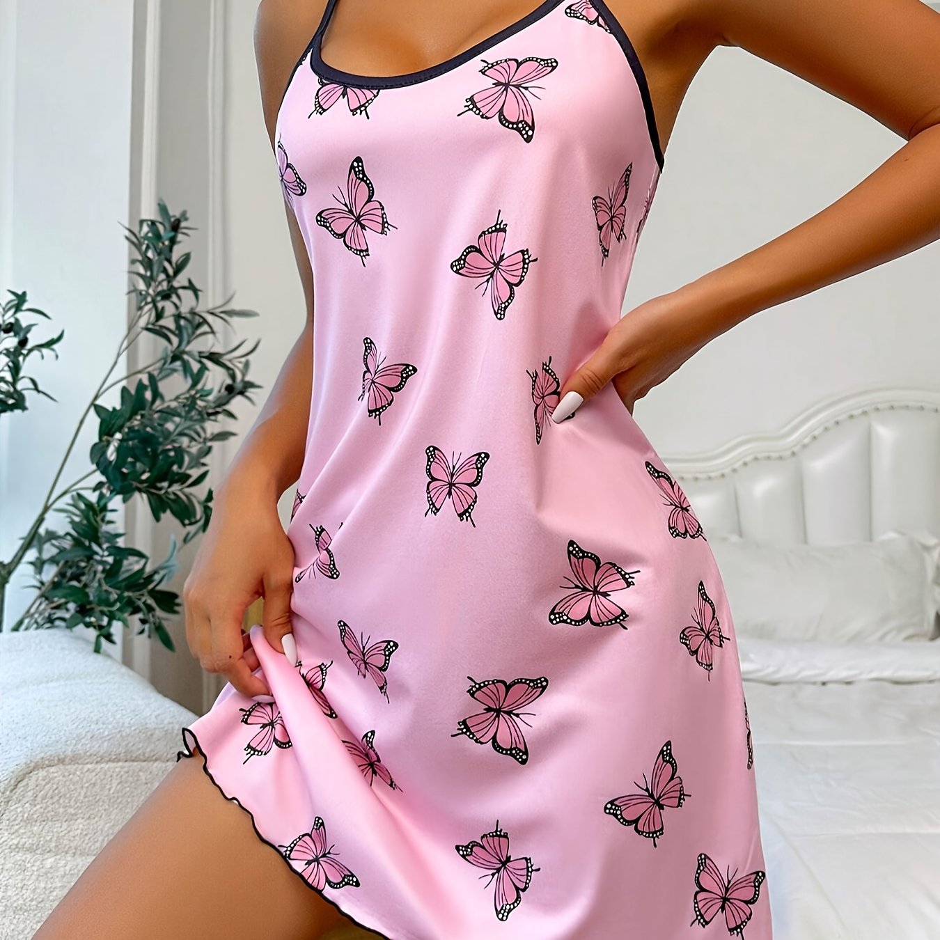 Butterfly Print Nightgown for Women with Round Neck and Backless Frill Trim
