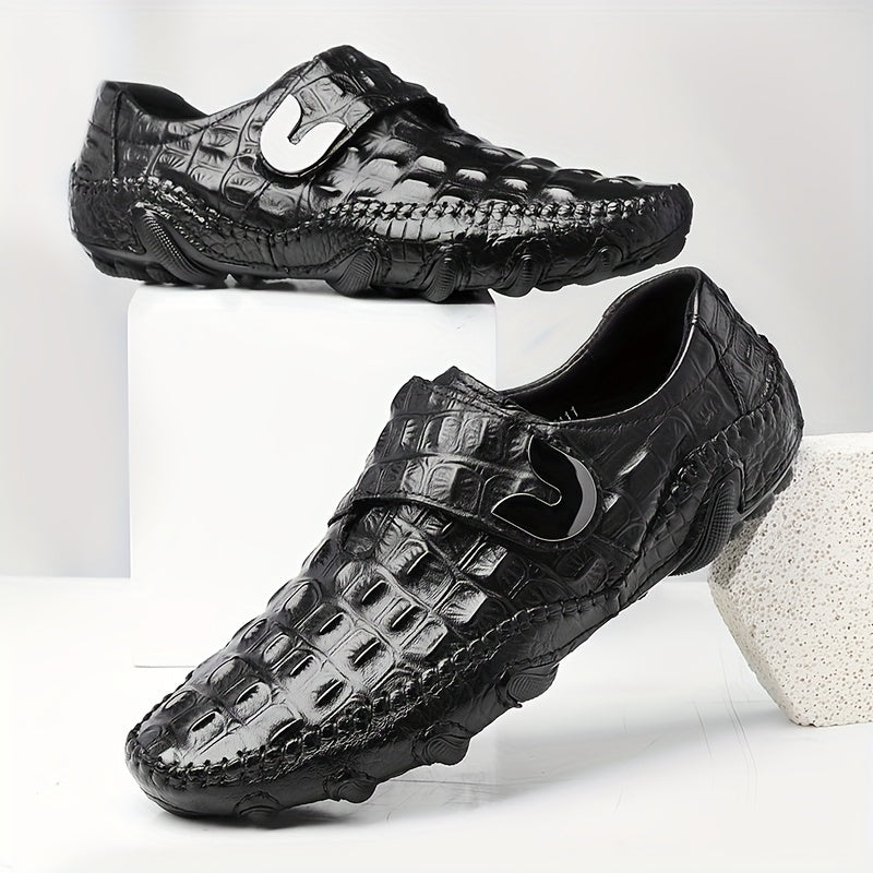 Men's Croc Effect Leather Loafer Shoes with Hook and Loop Fastener Non-slip Slip-On Casual Footwear