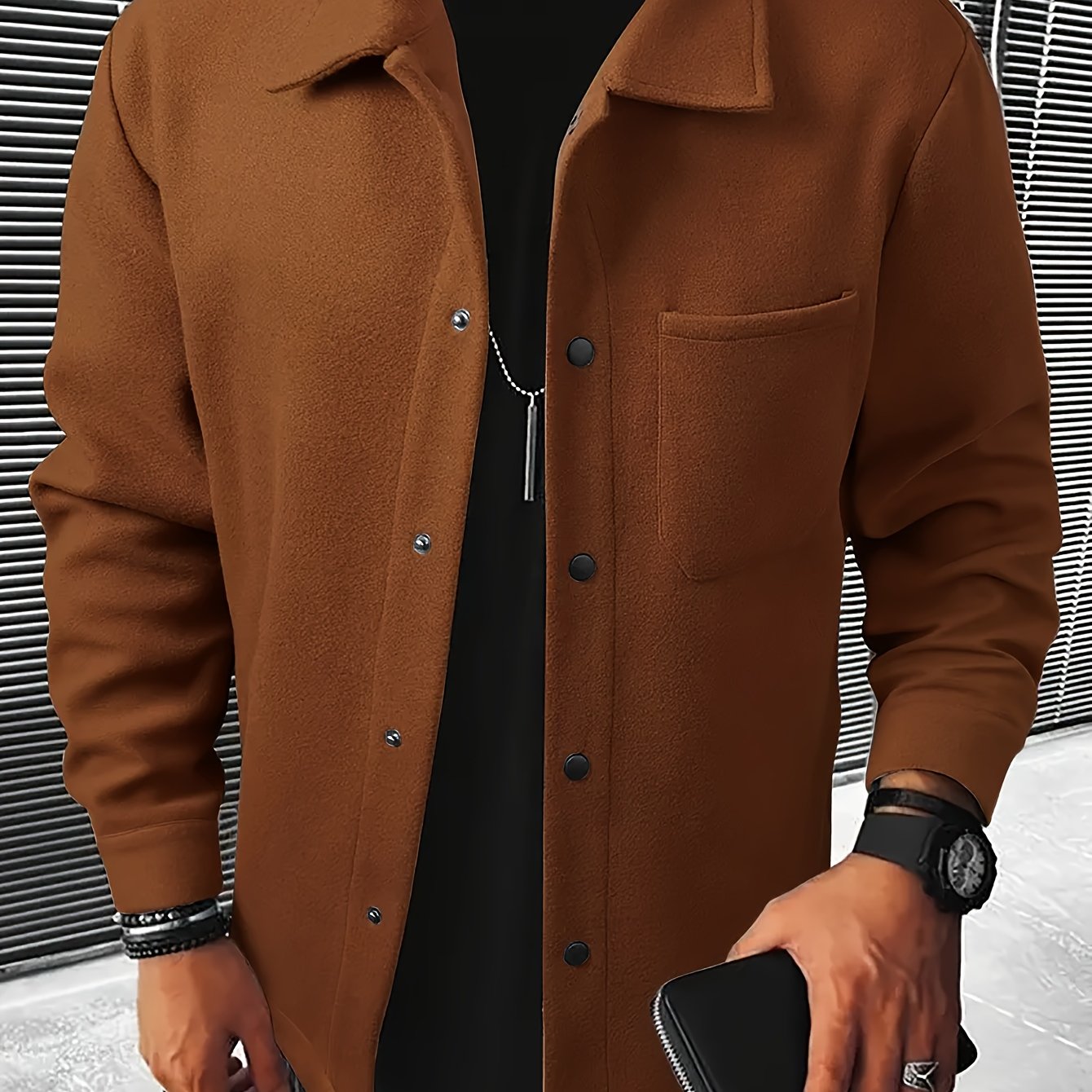 Men's Plus-Size Casual Wool Blend Jacket with Front Pocket and Turn-Down Collar