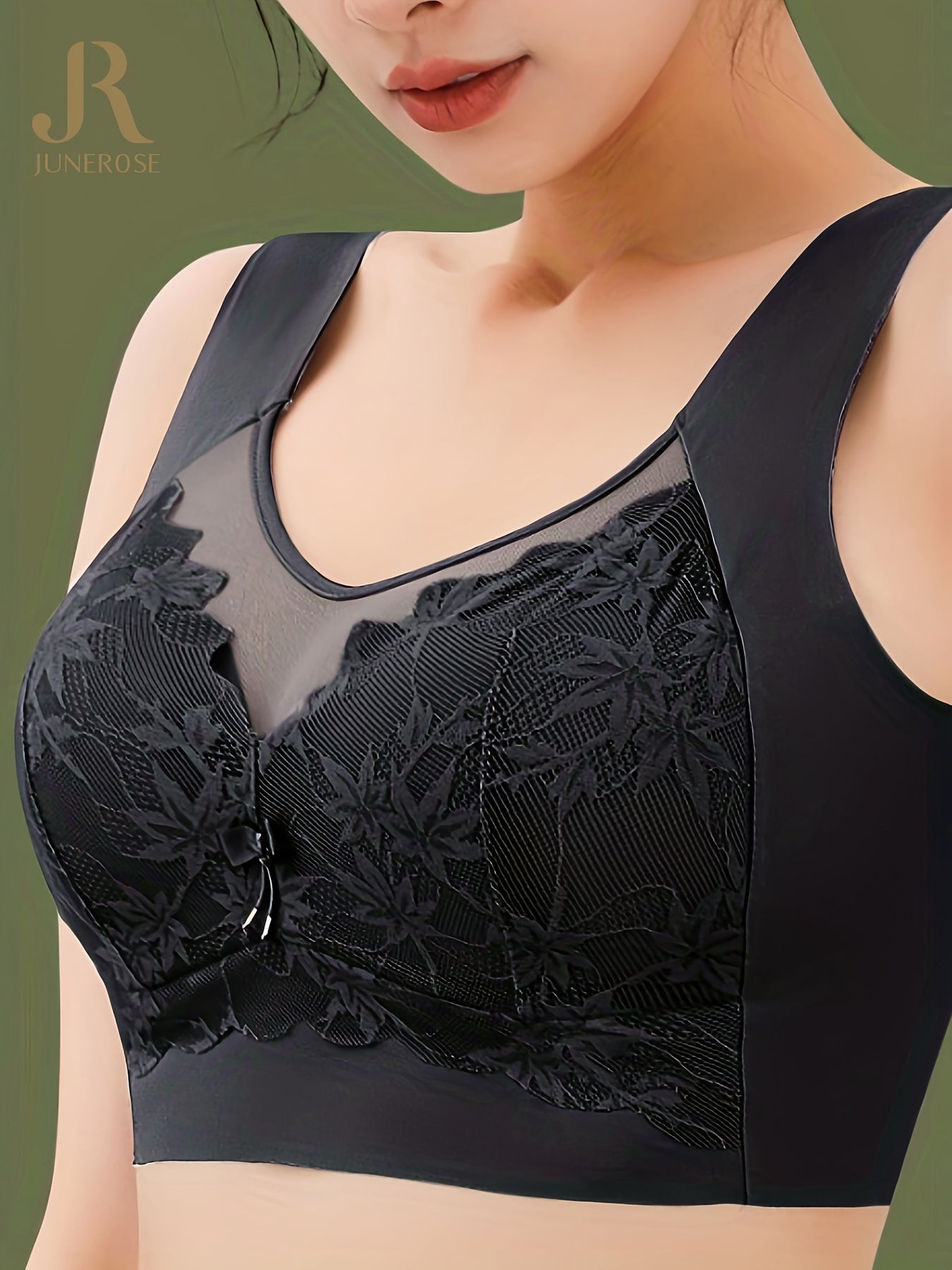 Women's Lace Wireless Bras Black Beige Seamless Floral Print Medium Support Nylon Spandex