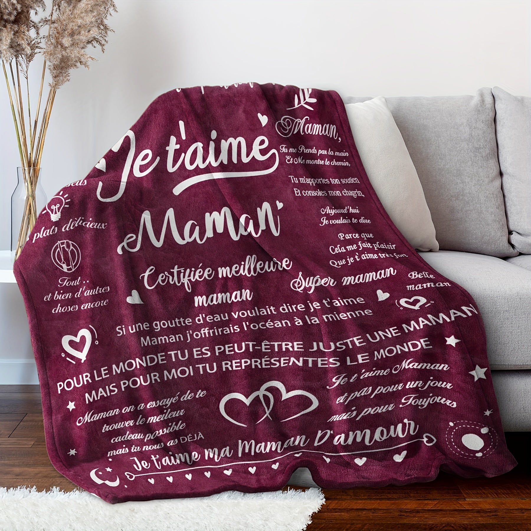 French Letter Printed Fleece Blanket for Mom Cozy Warm Gift