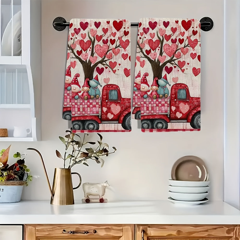 Pair of 2 Ultra-Soft Kitchen Towels Valentine’s Day Truck Gnome Design 40x60 cm