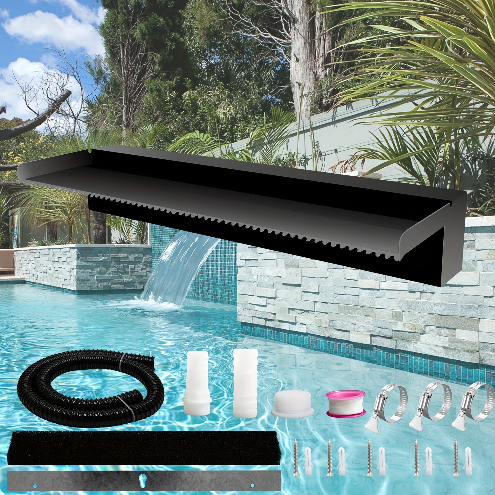 Qora kukuning yakunlangan zanglamaydigan po'latdan tayyorlangan ko'l suvi sharshara spillway to'plami, shuningdek, shlang va moslamalar bilan