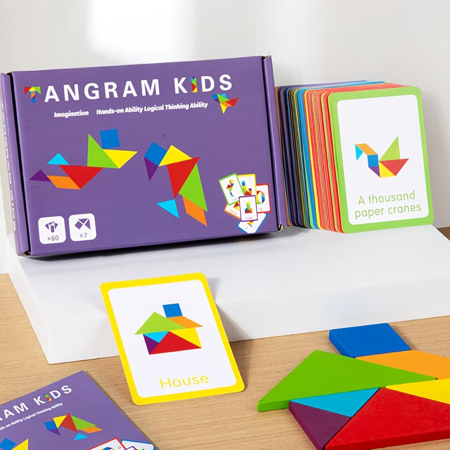 Gran juguete de rompecabezas de tangram de partículas de madera para niños de 3 años en adelante con colores mezclados
