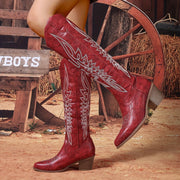 Women's Western Knee-High Boots Red Embroidery Slip-On Pointed Toe