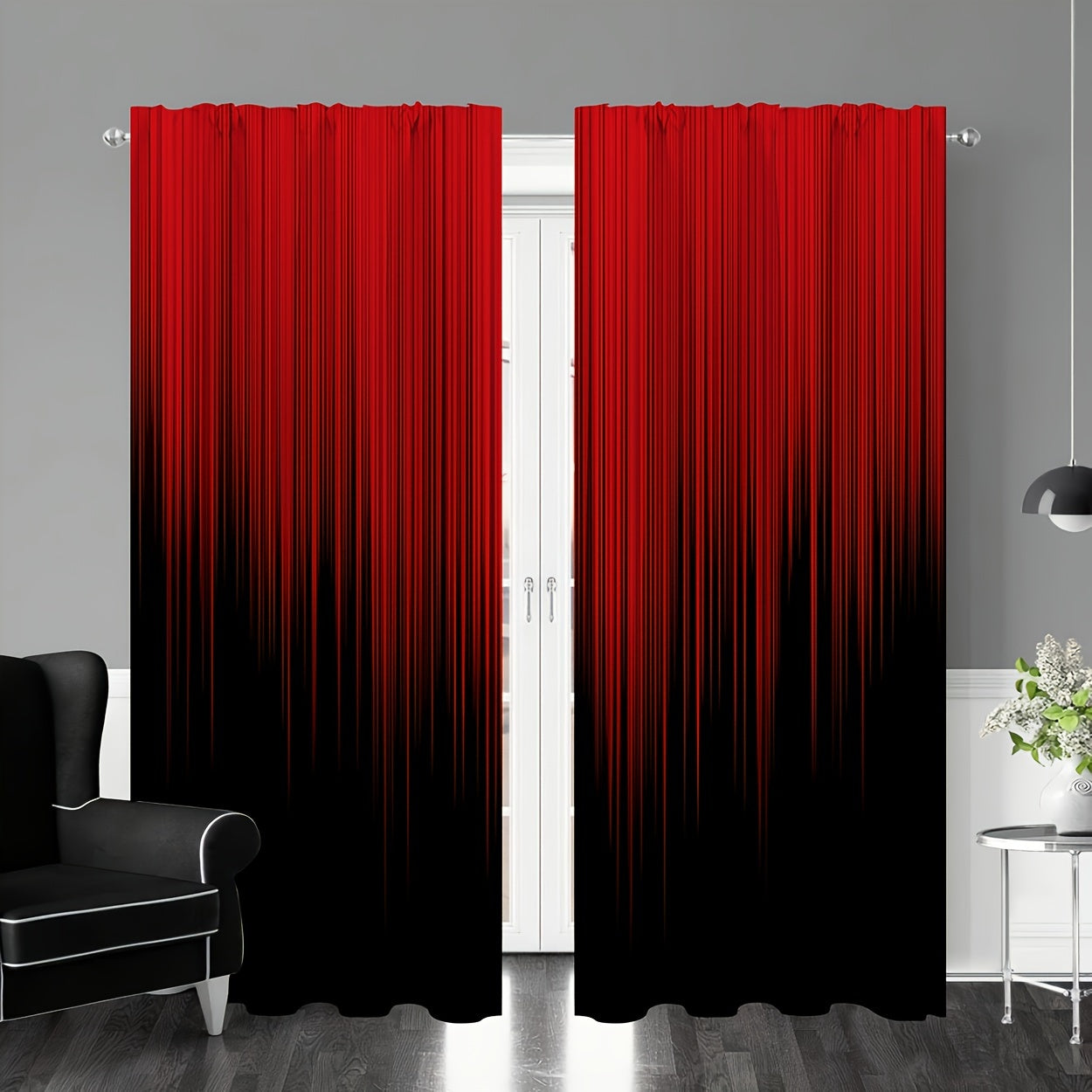 Set of 2 Red Black Gradient Stripe Polyester Curtains for Bedroom Living Room Office Kitchen Window Treatment