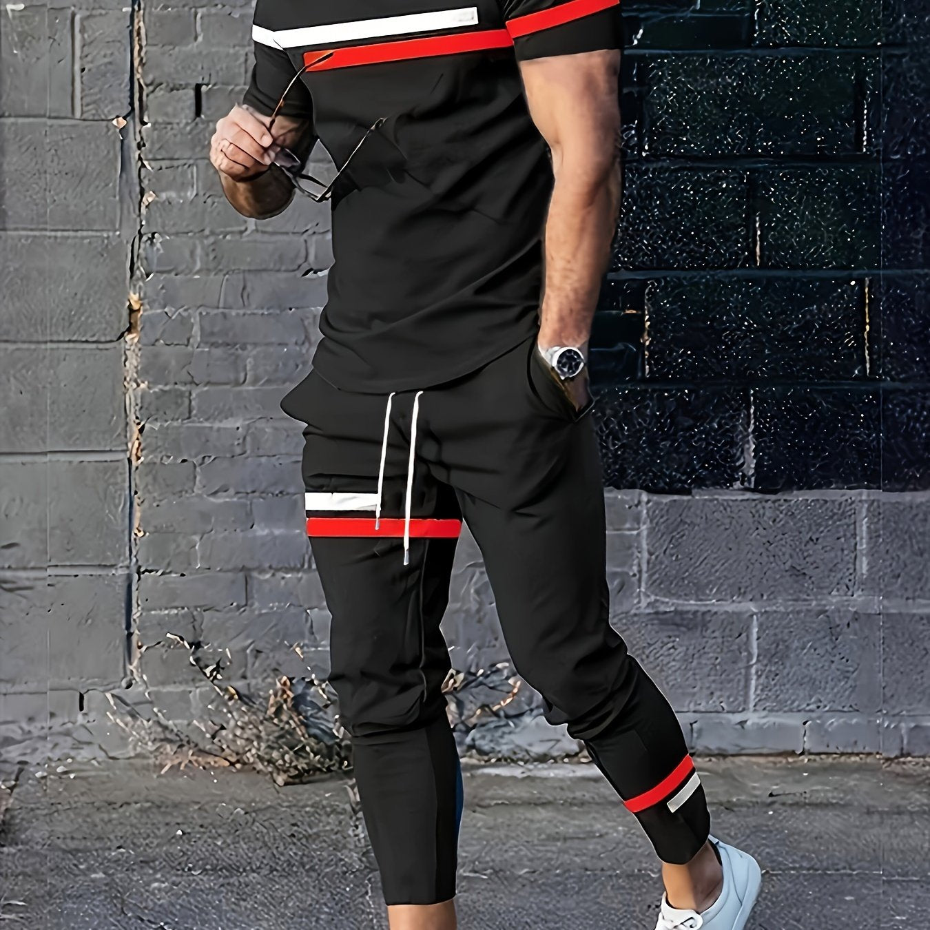Men's Athletic Set Short Sleeve Tops and Long Pants Striped Polyester Blend All-Season