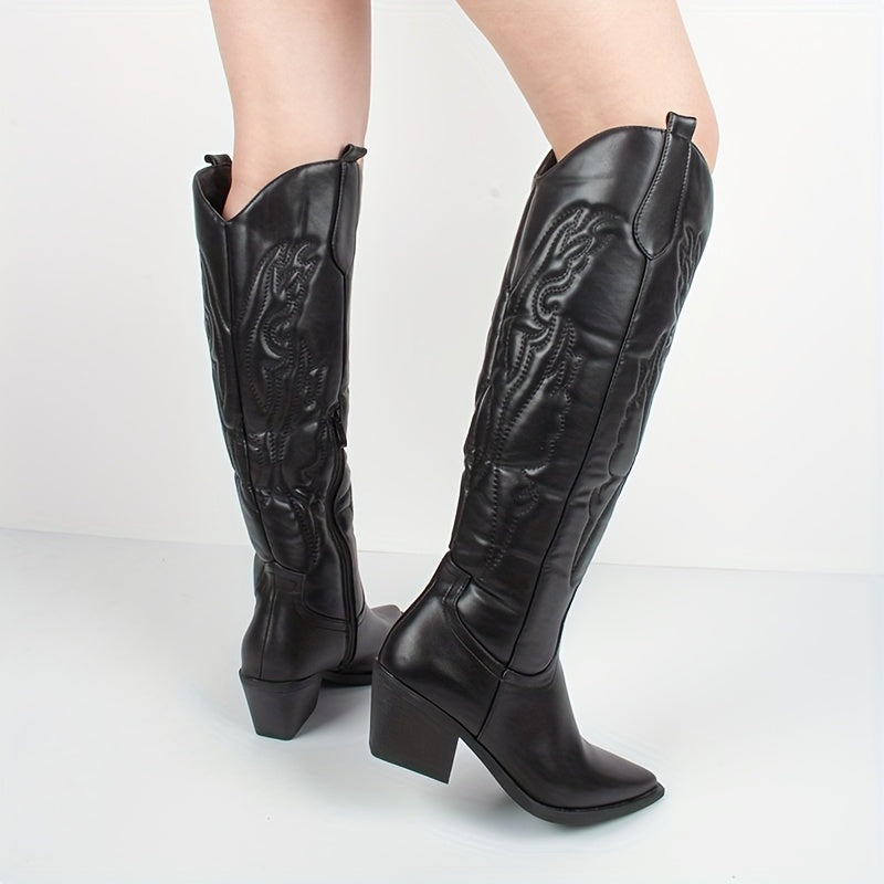 Women’s Western Cowboy Boots Faux Cover Embroidered Knee-High Pointed Toe