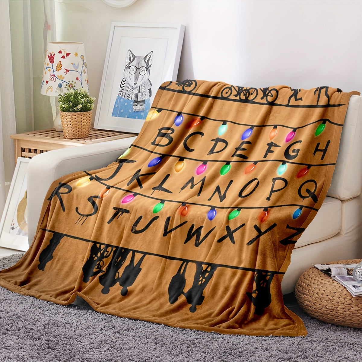 Flannel Blanket and Throw Set Cozy Home Decor for Couch Warmth Soft Plush Material Christmas Lights Design