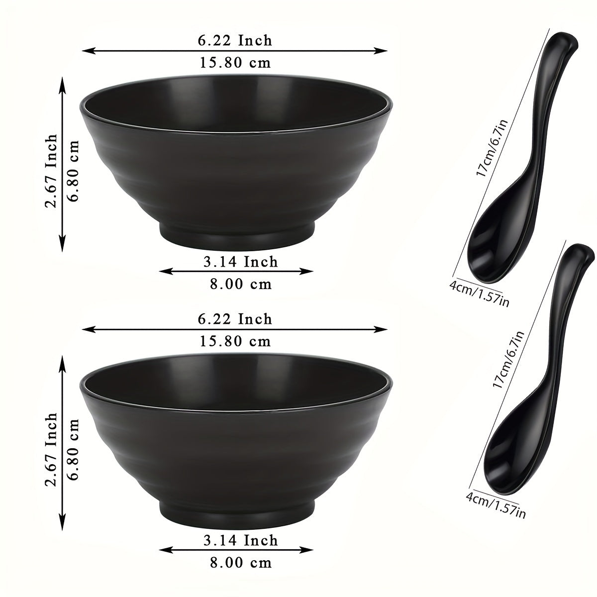 Set of 2 Black Polypropylene Ramen Bowls Microwave Safe Dishwasher Safe with Spoons