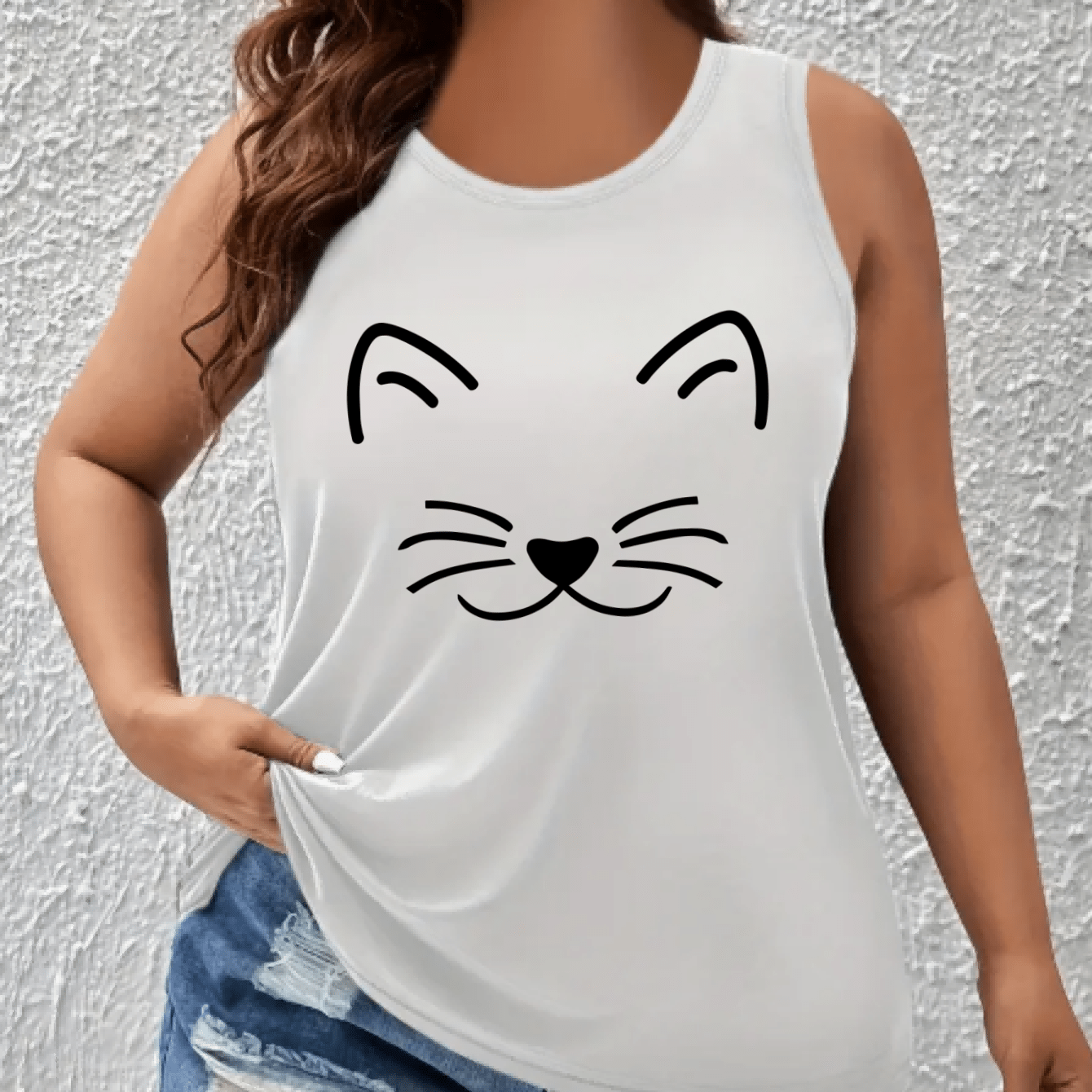 Women's Plus Size Off-Shoulder Vest Top with Cat Print Breathable Stretchy Summer Tank