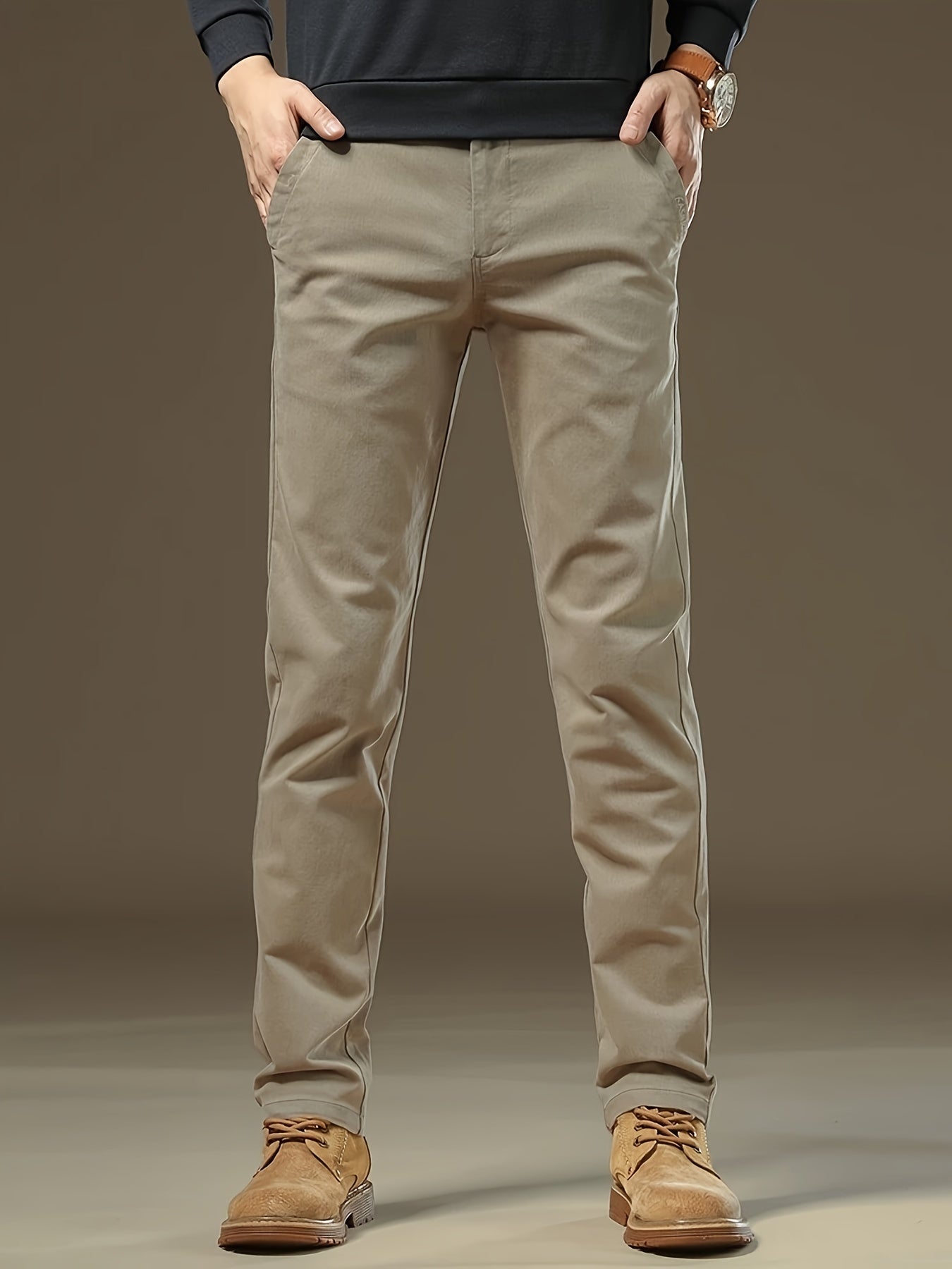 Pantalones de vestir para hombre color caqui de algodón y spandex, corte clásico, casual de negocios, primavera y otoño