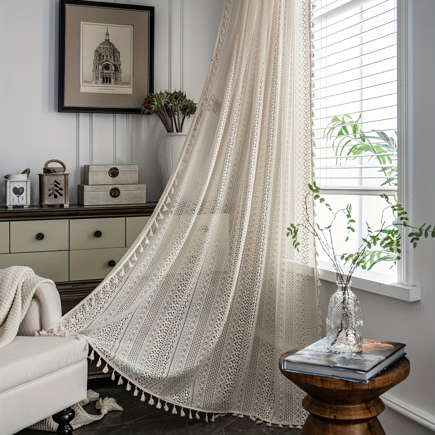 Cortinas de estilo bohemio Pop Hollow Beige con borlas, juego de cortinas translúcidas para sala de estar y dormitorio