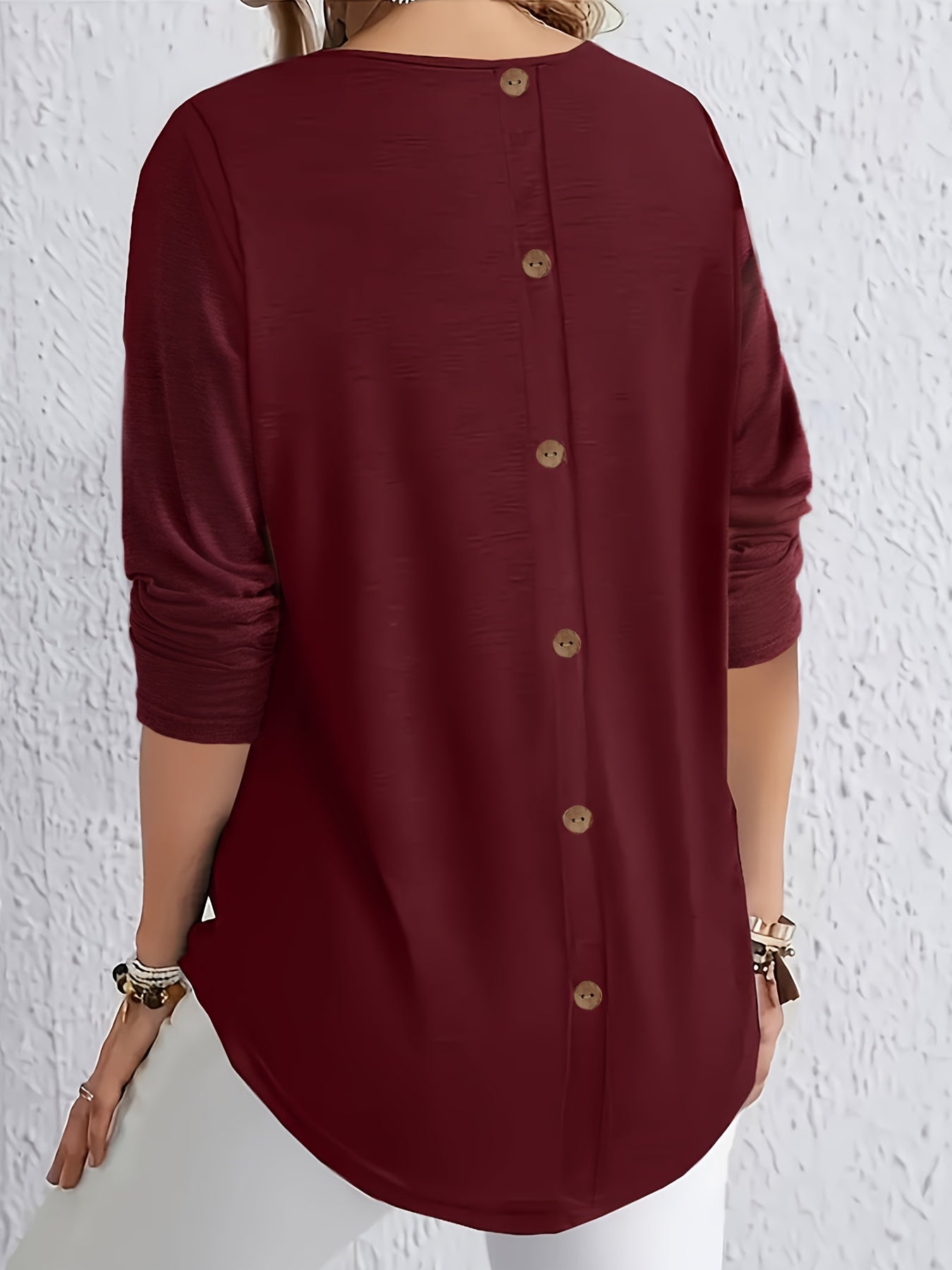 Plus Size Long Sleeve Top for Women with Button Back Crew Neck Solid Color Autumn Spring