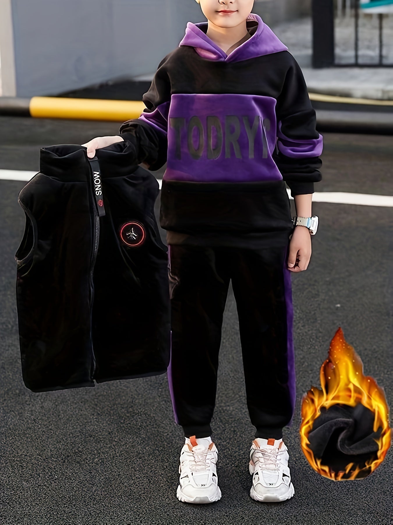 Boys Winter Three-Piece Set Hoodie Vest Pants Casual Sporty Warm Velvet for Medium to Large Children