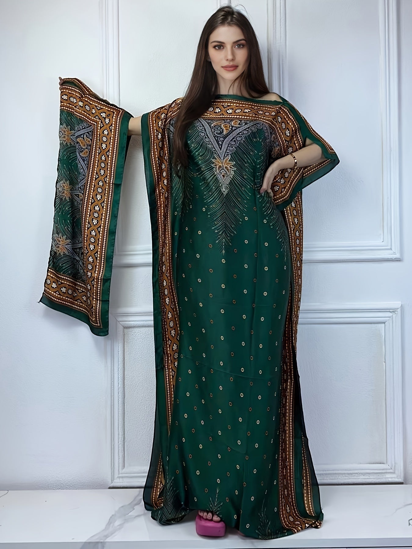 Women's Floral Print Abaya Maxi Dress Boat Neck Batwing Sleeves Red Black Gold