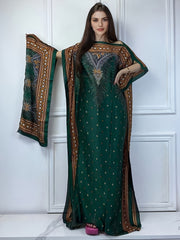 Women's Floral Print Abaya Maxi Dress Boat Neck Batwing Sleeves Red Black Gold