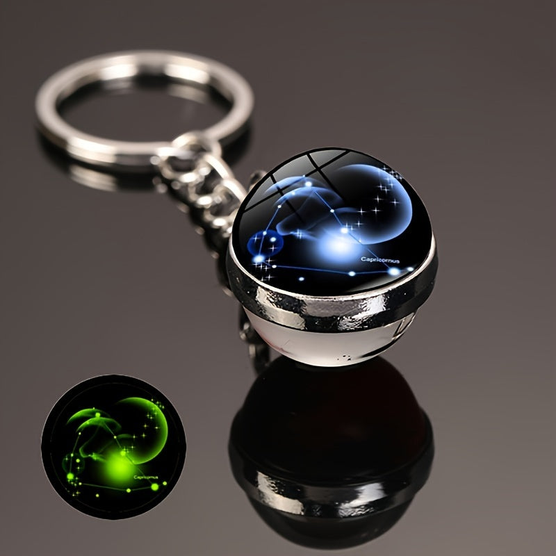 Starry Night Zodiac Keychain Double-Sided Glass Ball Glow-in-Dark Car Accessory