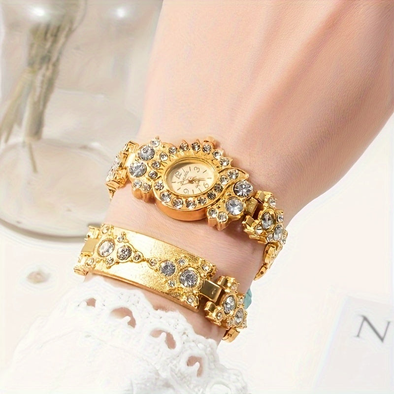 Women's Gold Rhinestone Quartz Watch with Oval Zinc Alloy Case and Analog Display