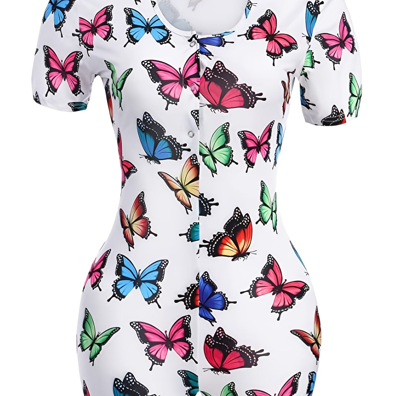 Women's Butterfly Print Lounge Bodysuit Crew Neck Short Sleeve Summer Casual Knit Polyester