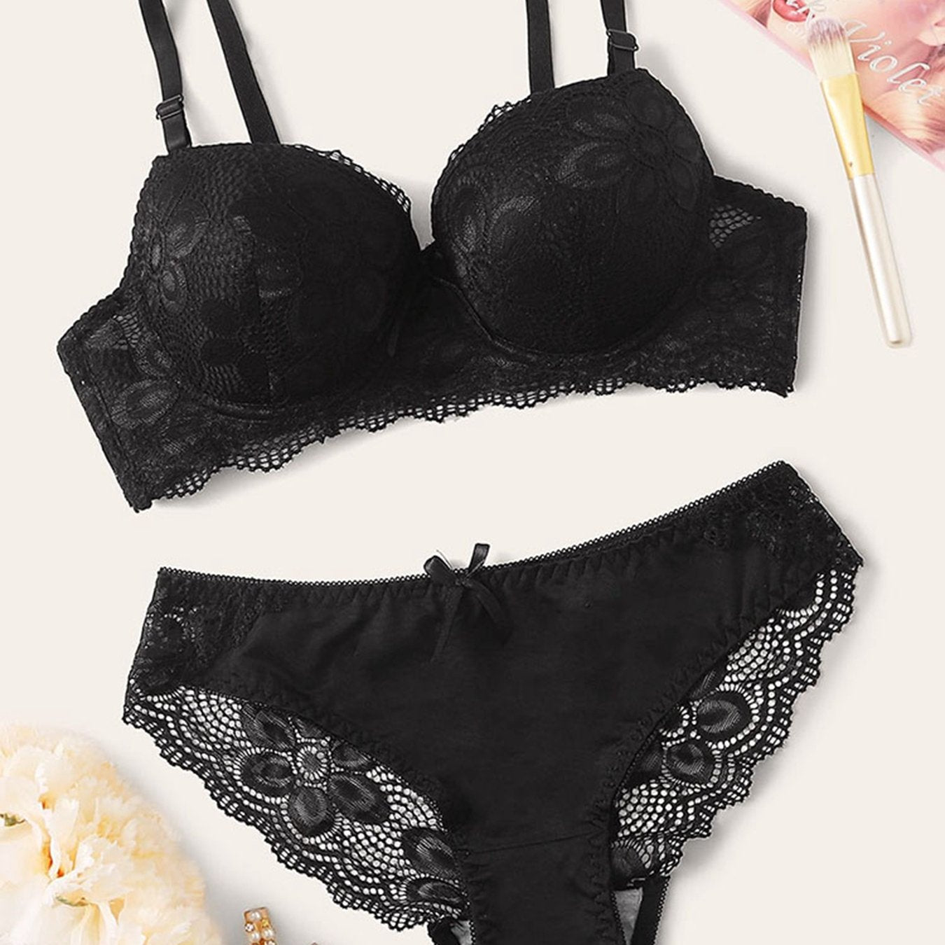 Women's Floral Lace Underwire Cami Bra and Panties Set Sexy Lingerie