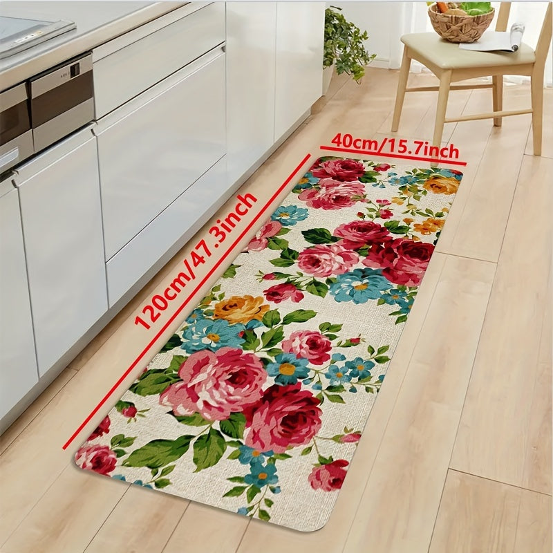 Polyester Kitchen Mat Non-Slip Waterproof Oil-Proof Floral Design Machine Washable Floor Mat