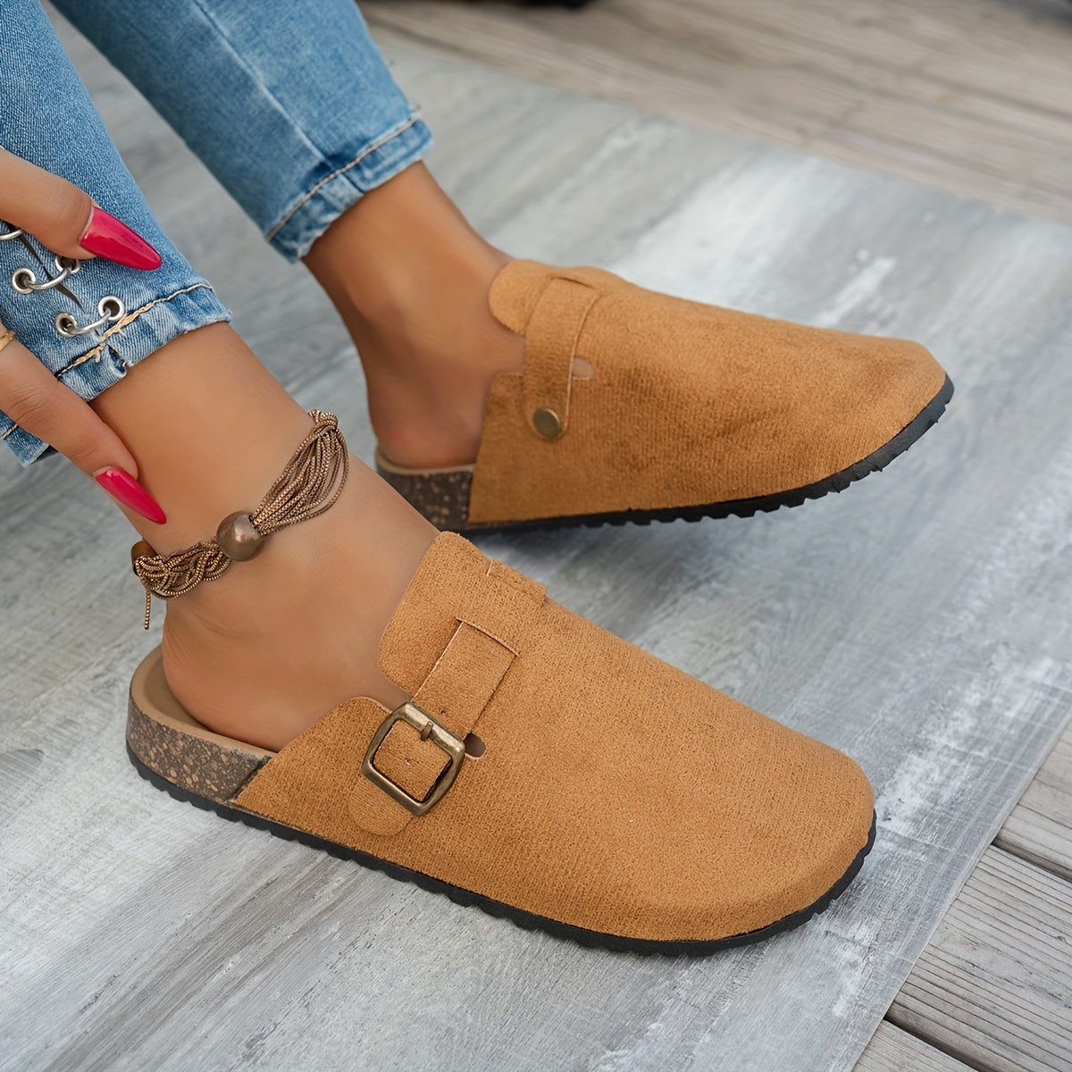 Women TPU Mule Shoes with Golden Chain Ankle Strap Beige Open-Toe Platform