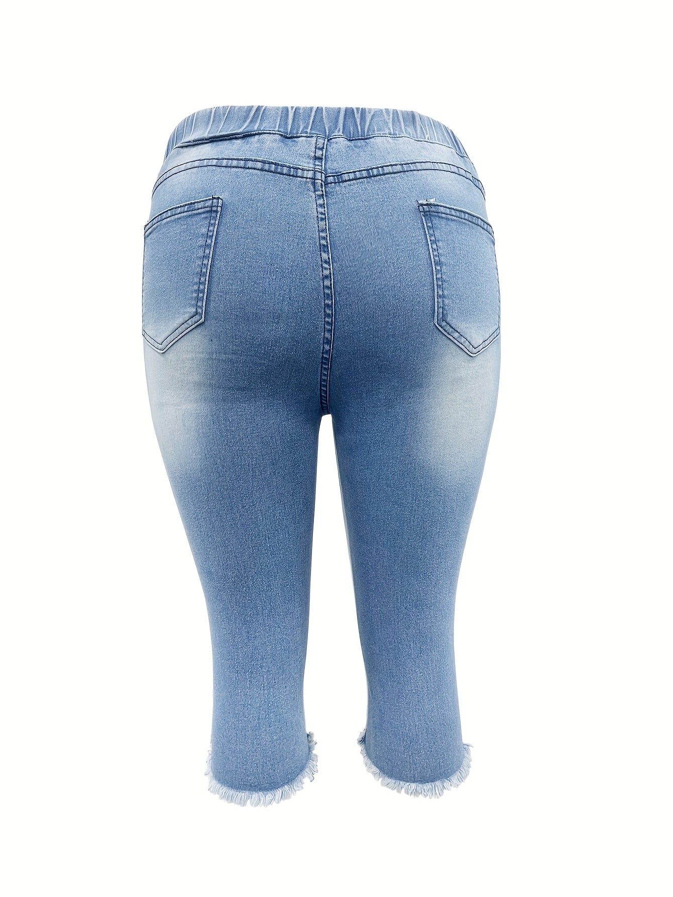 Plus Size Denim Capri Pants Ripped Raw Hem Blue Elastic Waist Jeans for Women