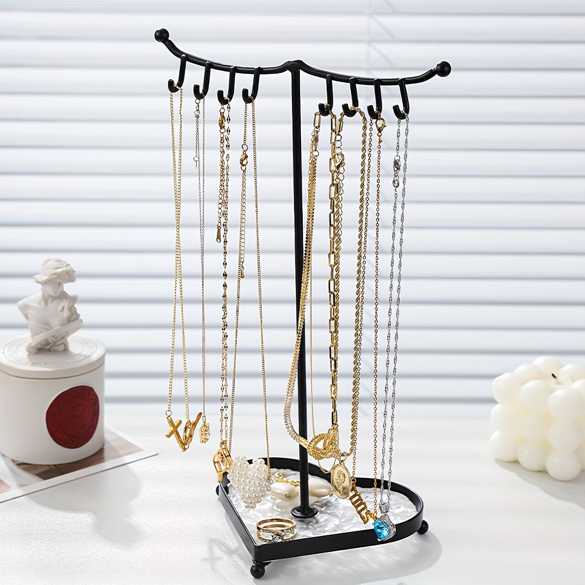 Soporte de bandeja de joyería en forma de corazón, organizador portátil de metal para collares, exhibidor
