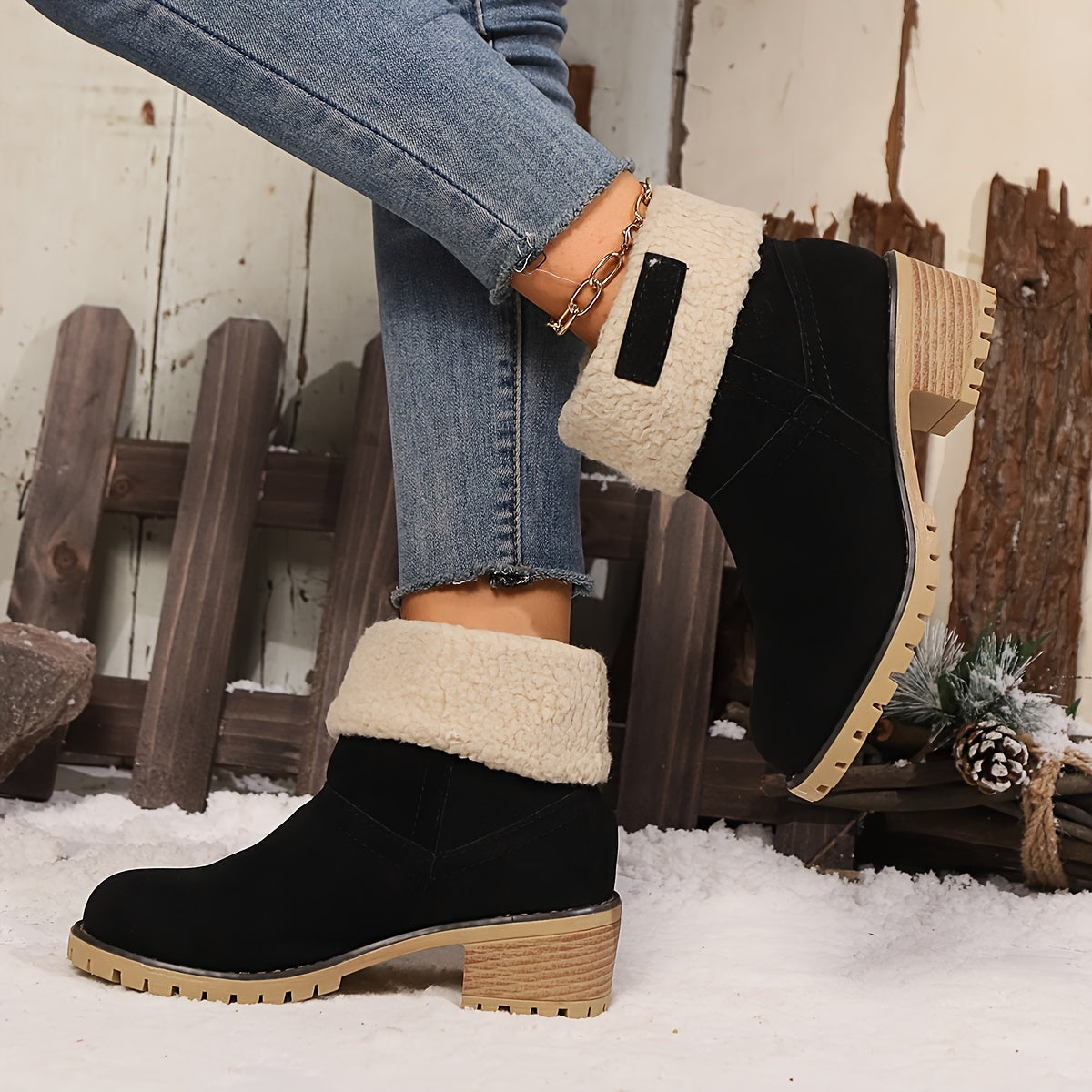 Women's Winter Slip-On Chunky Heel Snow Boots with Faux Fur Lining