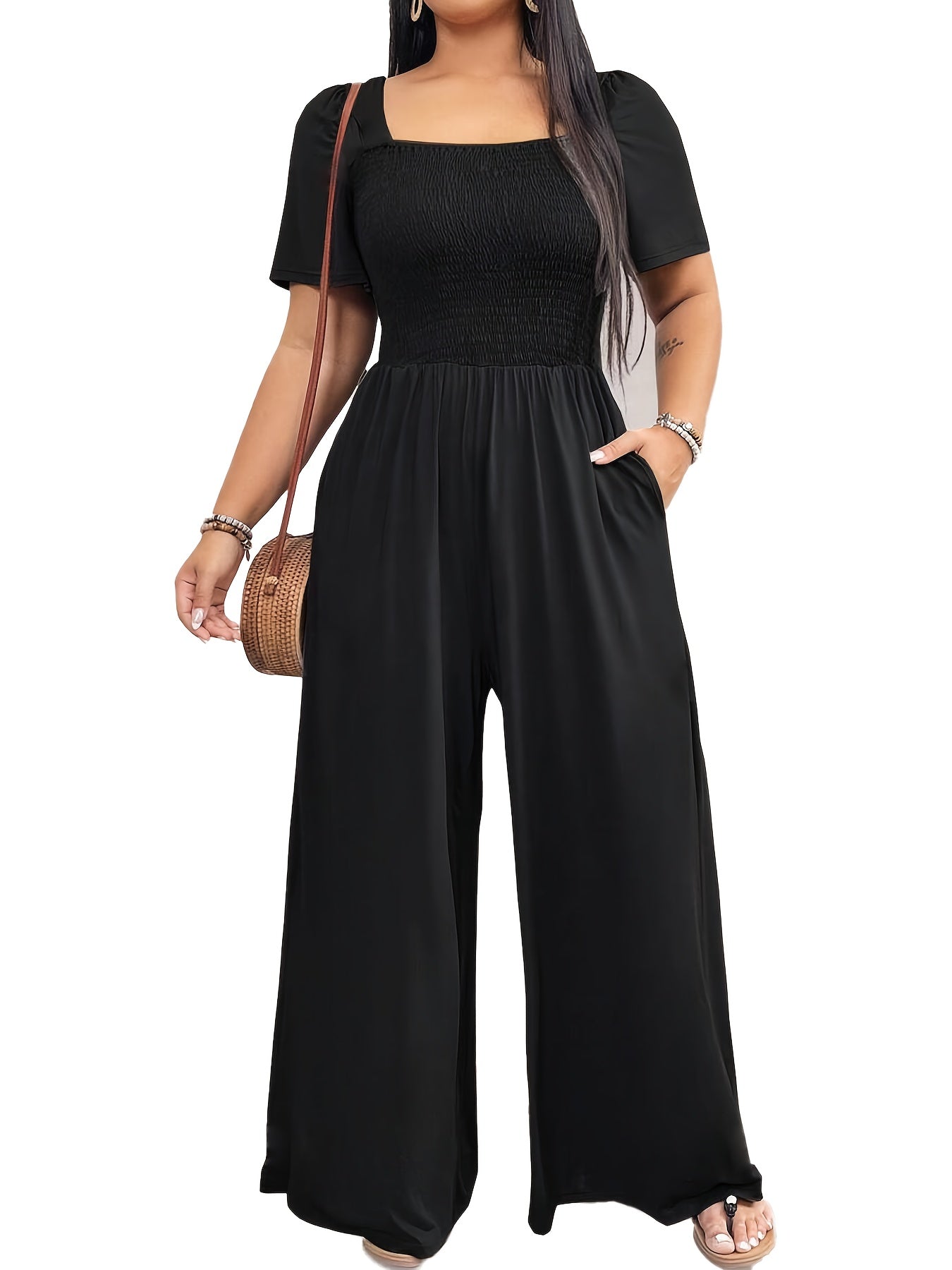 Women's Plus Size Casual Jumpsuit Black Wide Leg High Waist Short Sleeves