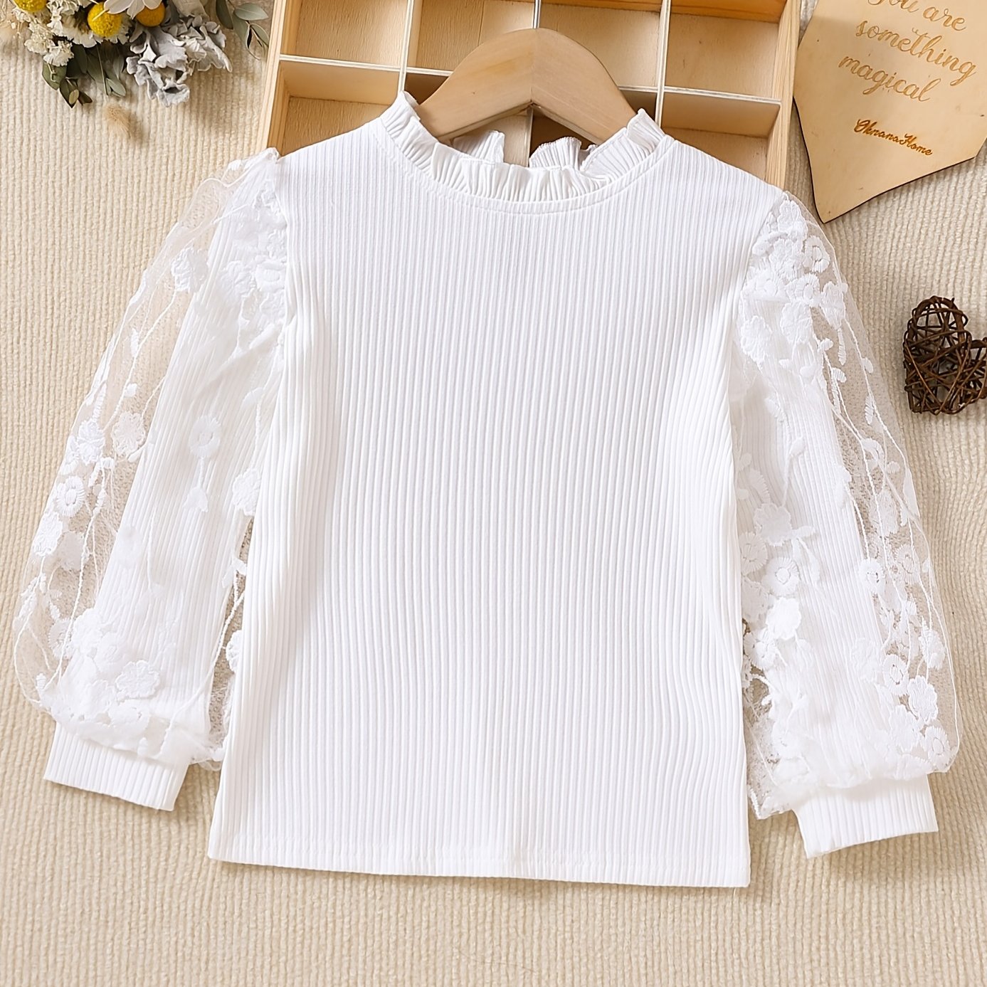 Девочки длинный рукав цветочный кружевной сплайсинг рюша футболка хлопковая повседневная
