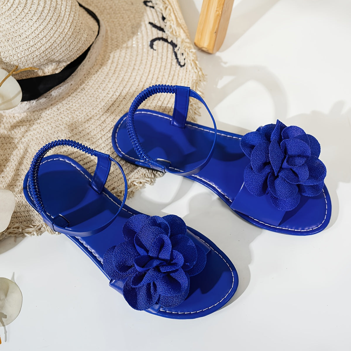 Women's Fashion Flat Strappy Sandals with Peony Flower Bohemian Beach Wear