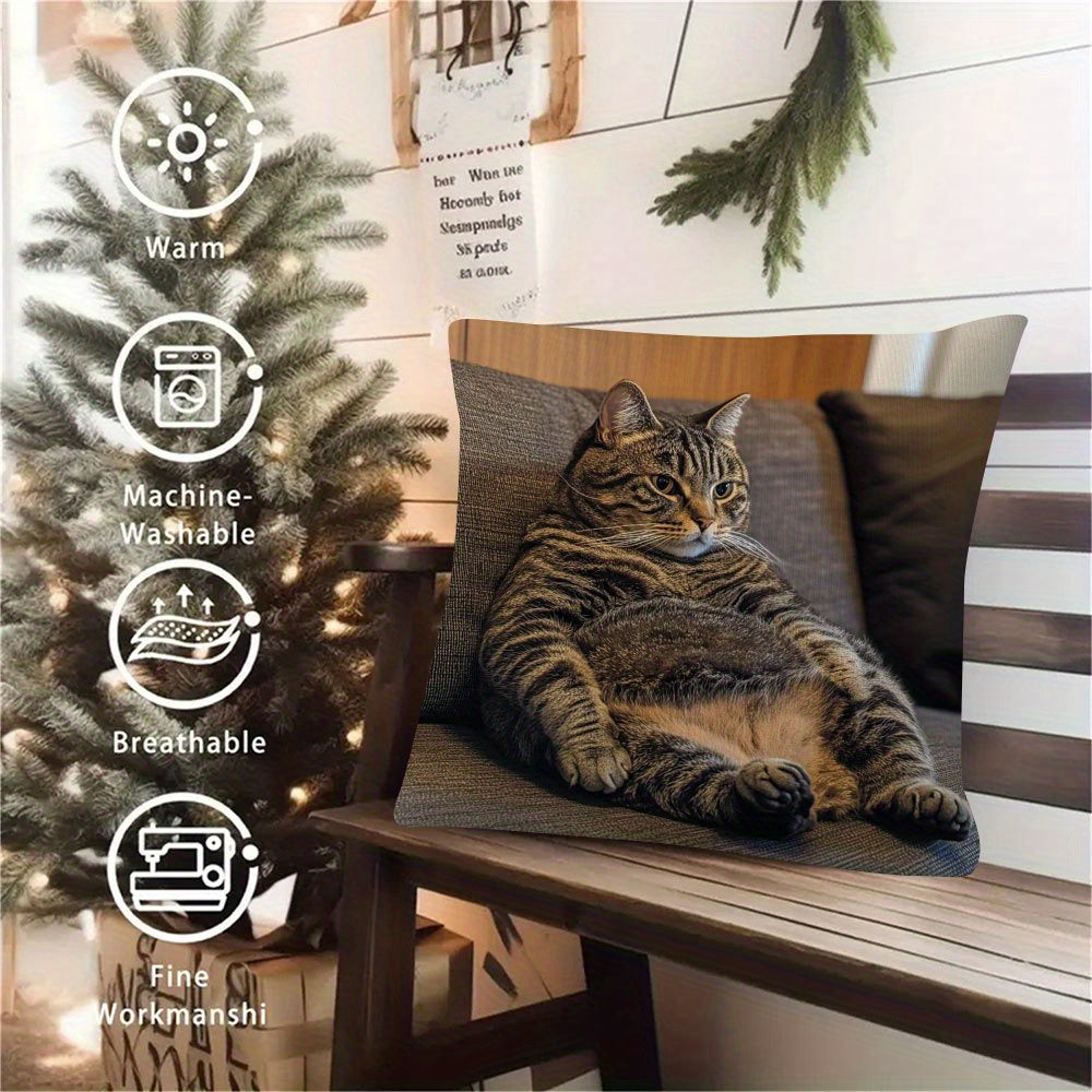 Double-Sided Cozy Fat Cat Throw Pillow Cover Soft Polyester Winter Decor Farmhouse Style for Couch and Car