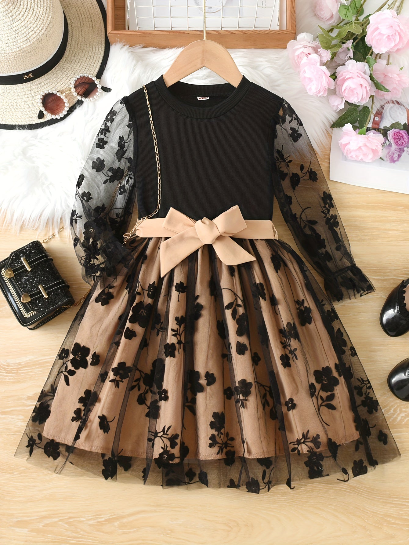 Girls' Floral Mesh Dress Long Sleeve Fall Casual with Belt